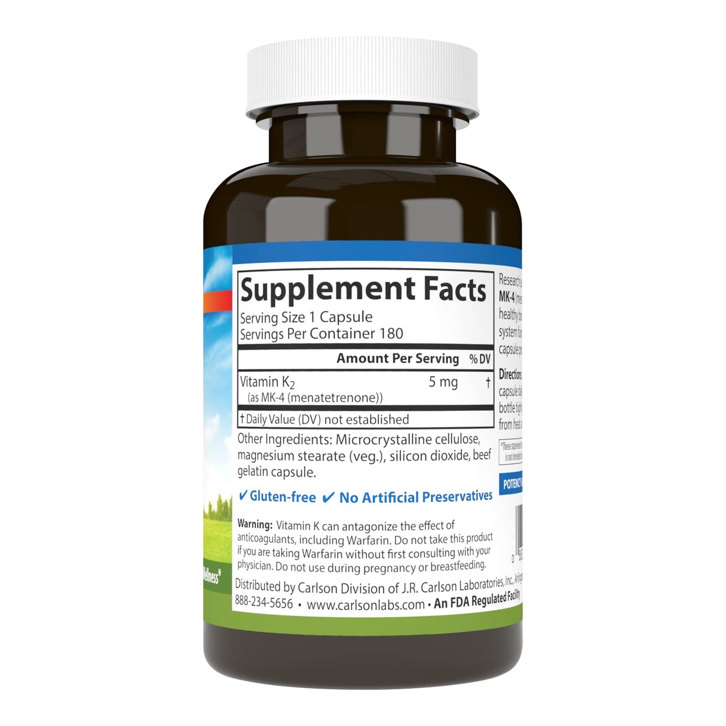 Carlson Vitamin K2 MK-4 (Menatetrenone) - Soy-Free, 180 Capsules | Bone & Heart Health