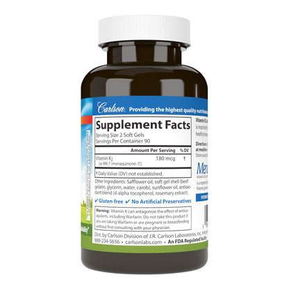 Carlson - Vitamin K2 MK-7 (Menaquinone), 180 mcg, Bone Support, Calcium Bioavailability, K2 Vitamin, Vitamin K-2, 180 Softgels