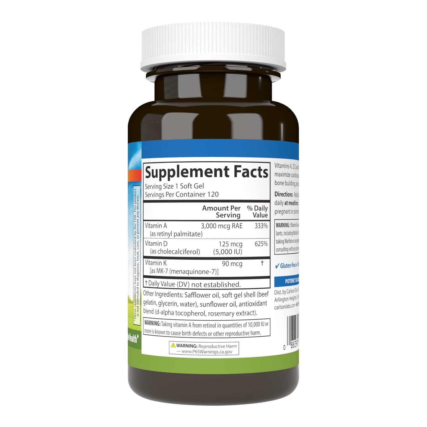 Carlson Vitamins A, D3, K2 3000 mcg RAE A, 125 mcg D3, 90 mcg K2 MK-7 | 120 Soft Gels