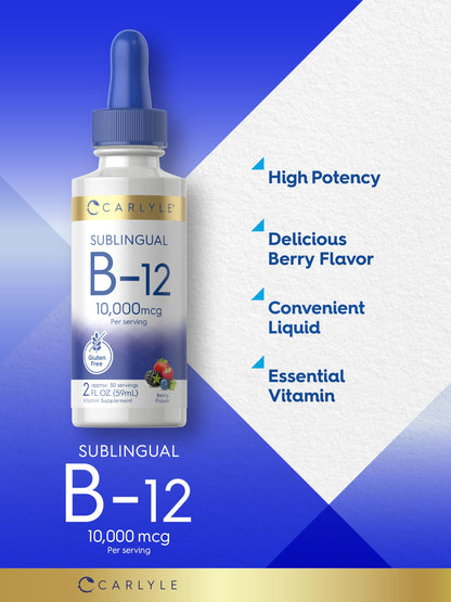 Carlyle Vitamin B12 Sublingual Liquid Drops 10,000 mcg - 2 fl oz | Vegetarian, Non-GMO, Gluten Free (Pack of 2)