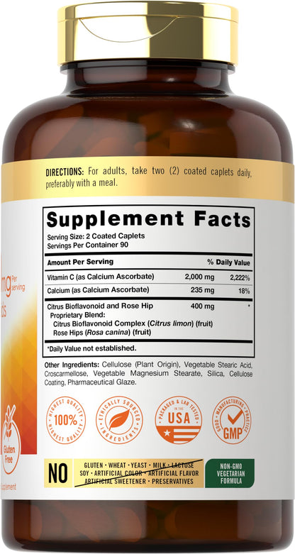 Carlyle Buffered Vitamin C 2000mg | 180 Caplets | Rose Hips & Bioflavonoids