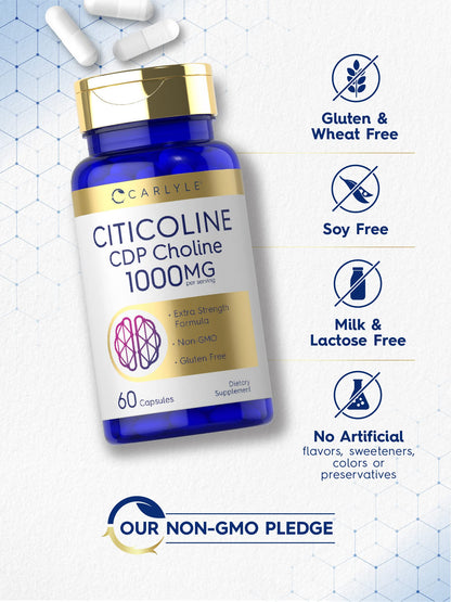 Carlyle Citicoline CDP Choline 1000mg - 60 Capsules | Non-GMO, Gluten Free