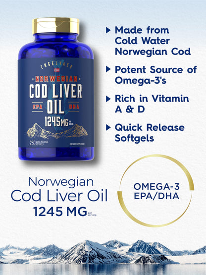 Carlyle Cod Liver Oil Softgels 1245mg – 250 Count – Norwegian, Non-GMO, Gluten Free