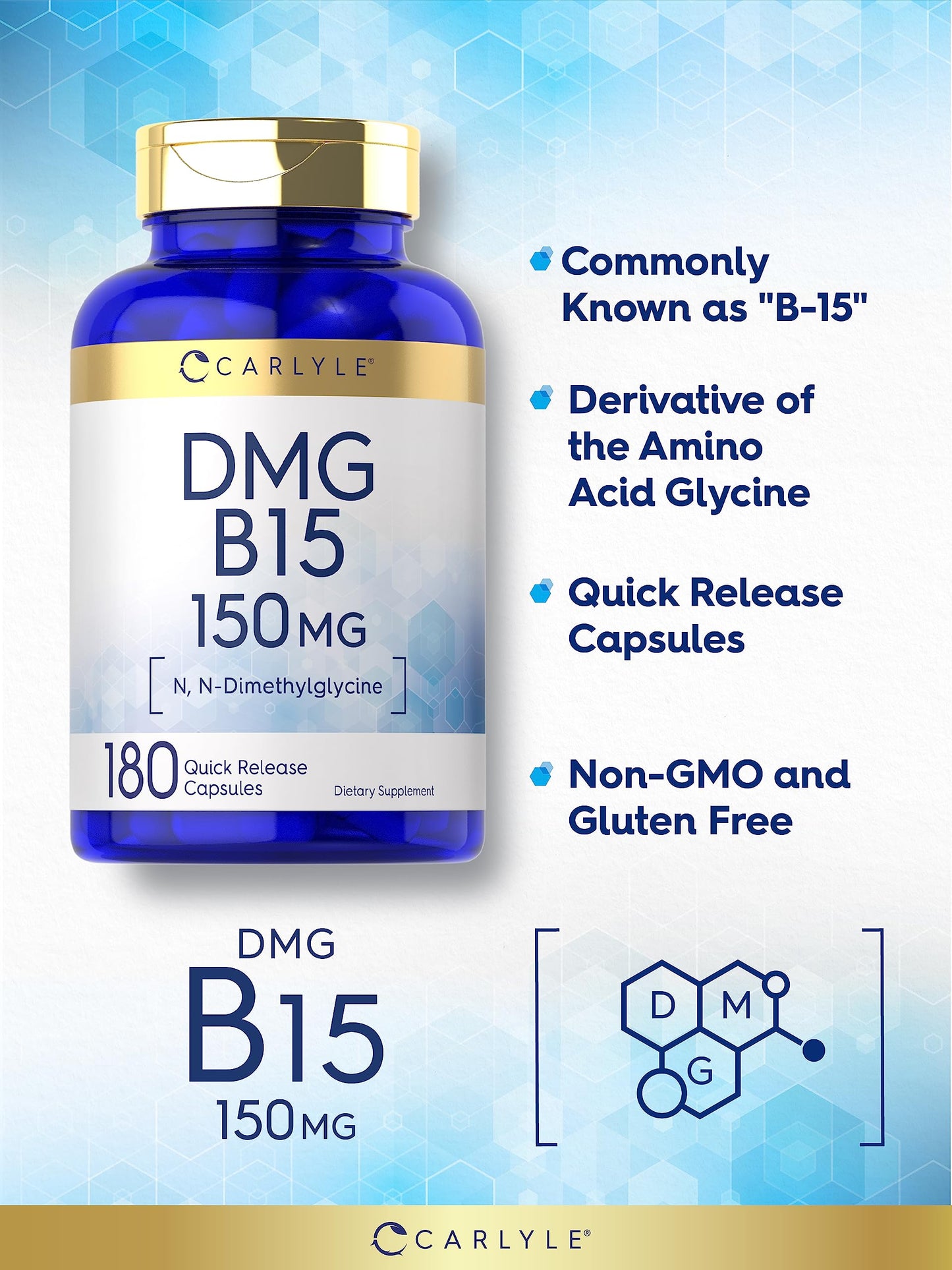 Carlyle DMG Supplement - 150 mg DMG, 180 Capsules | Non-GMO Gluten Free