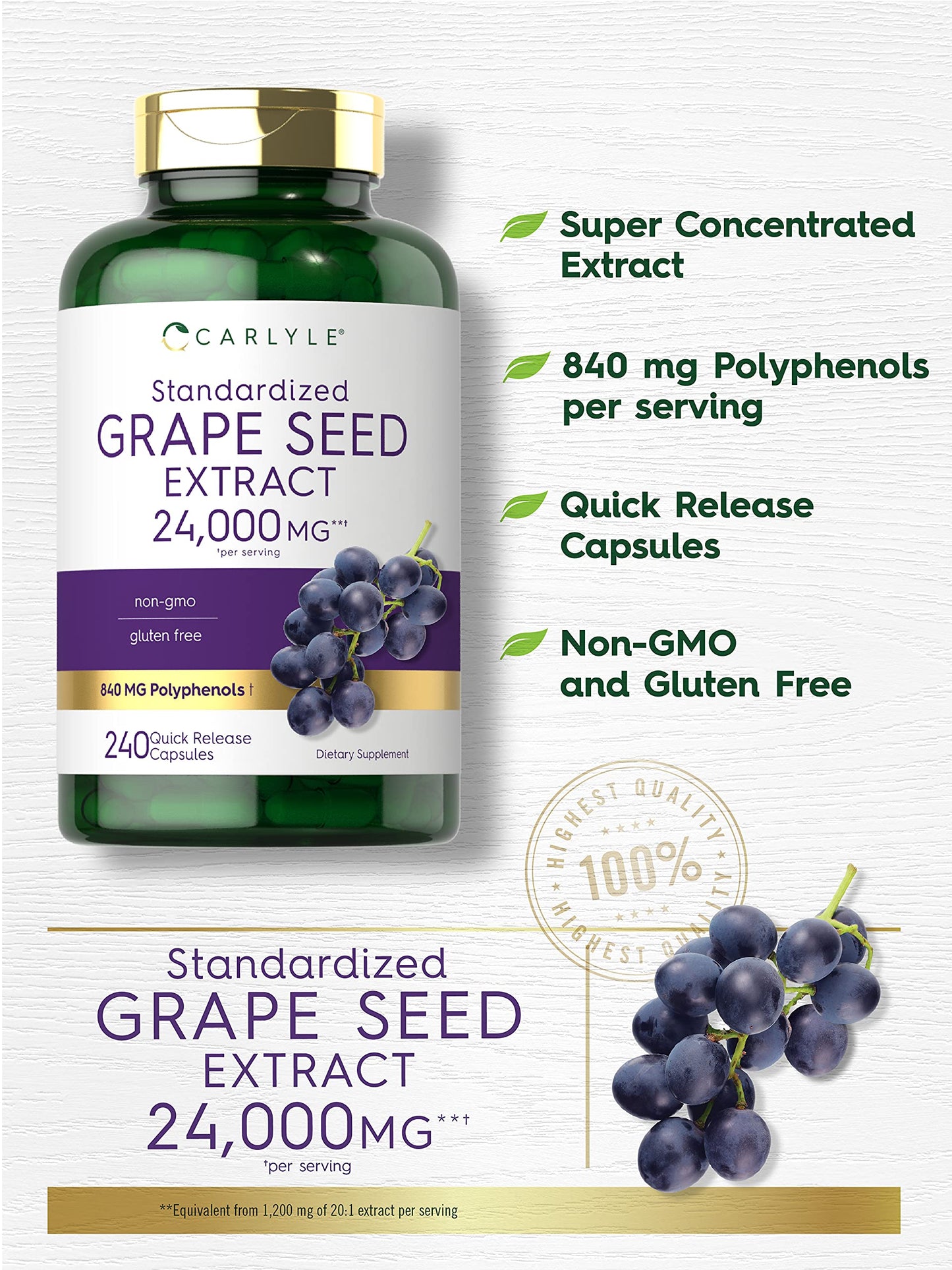 Carlyle Grape Seed Extract 24,000 mg Equivalent - 240 Capsules | Non-GMO, Gluten Free