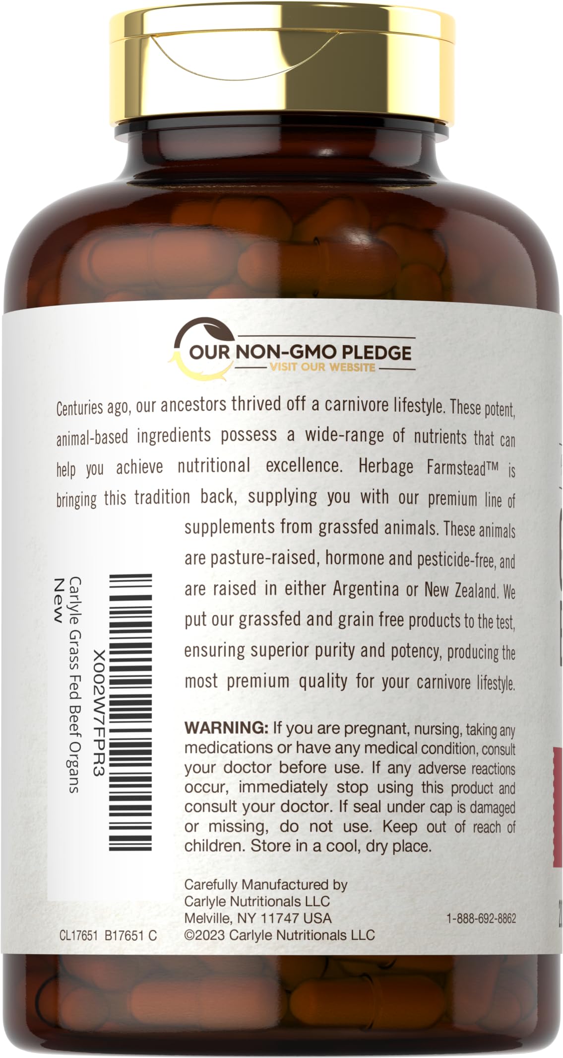 Carlyle Grass Fed Beef Organ Complex - 200 Capsules | Pasture Raised, Non-GMO | Herbage Farmstead