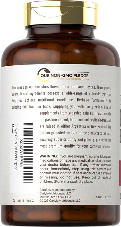 Carlyle Grass Fed Beef Organ Complex - 200 Capsules | Pasture Raised, Non-GMO | Herbage Farmstead