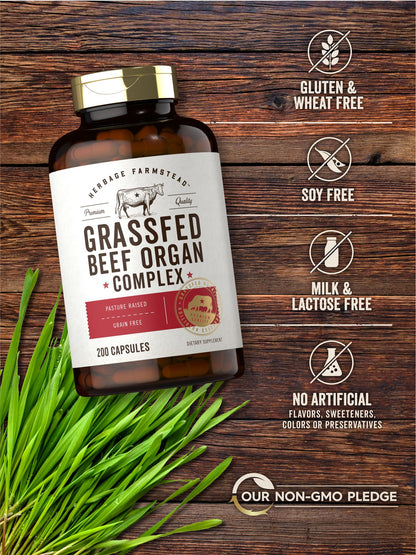 Carlyle Grass Fed Beef Organ Complex - 200 Capsules | Pasture Raised, Non-GMO | Herbage Farmstead