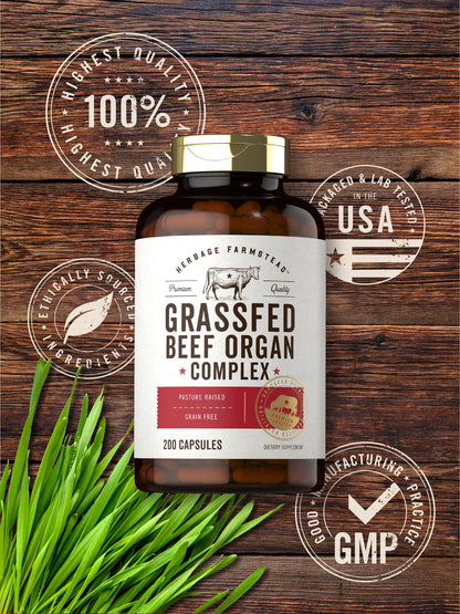 Carlyle Grass Fed Beef Organ Complex - 200 Capsules | Pasture Raised, Non-GMO | Herbage Farmstead