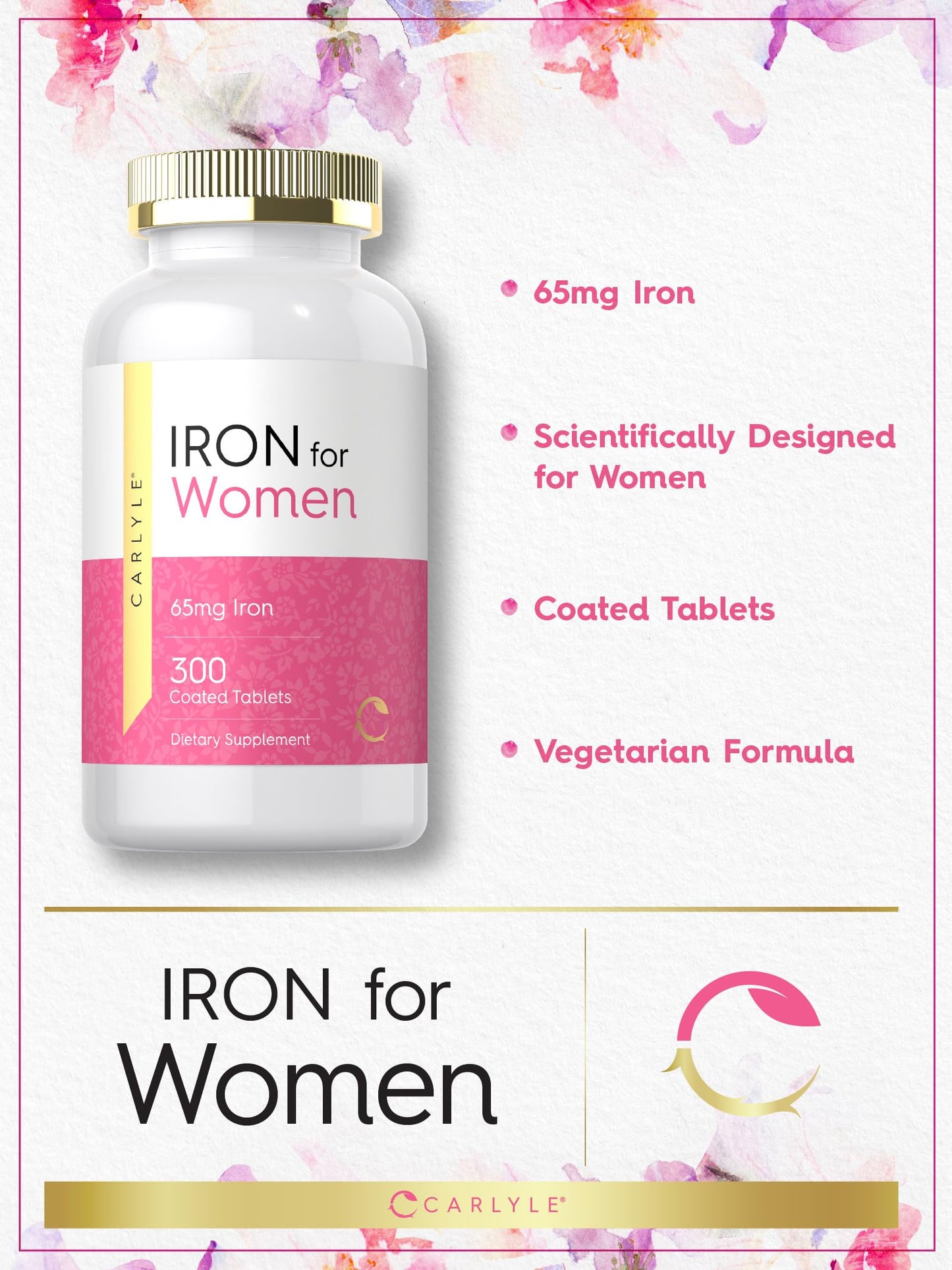 Carlyle Iron Supplement for Women 65mg | 300 Coated Tablets | Vegetarian, Non-GMO & Gluten Free