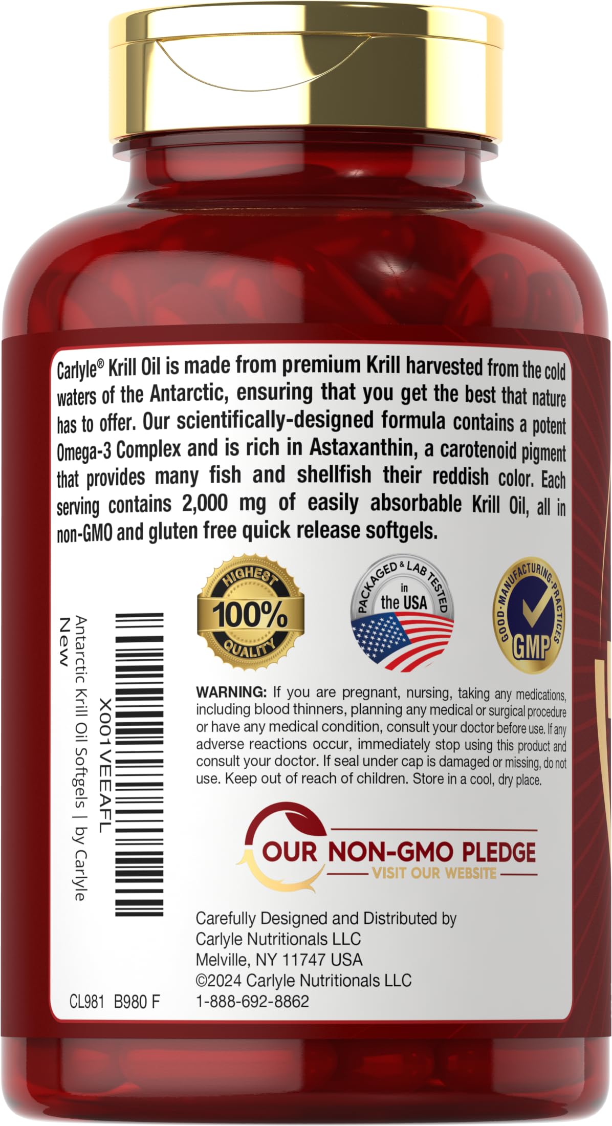 Carlyle Antarctic Krill Oil 2000 mg | 120 Softgels | Omega-3 EPA/DHA + Astaxanthin | Lab Tested