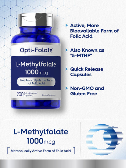 Carlyle L-Methylfolate 1000mcg | 200 Capsules | Opti-Folate – Non-GMO, Gluten Free | 5-MTHF Methyl Folate
