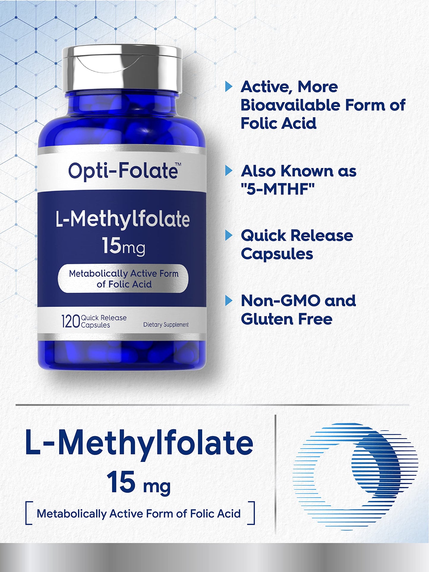 Carlyle L-Methylfolate 15mg - 120 Capsules | Non-GMO, Gluten Free | Opti-Folate