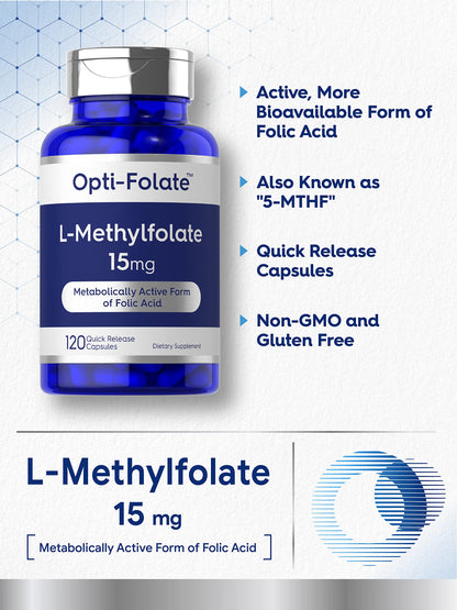 Carlyle L-Methylfolate 15mg - 120 Capsules | Non-GMO, Gluten Free | Opti-Folate