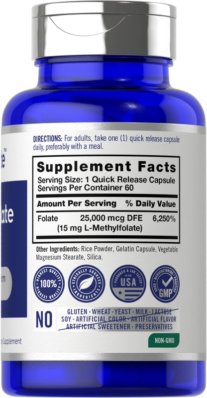 Carlyle L-Methylfolate 15mg | 60 Capsules | 5-MTHF Max Potency | Non-GMO & Gluten Free | Opti-Folate