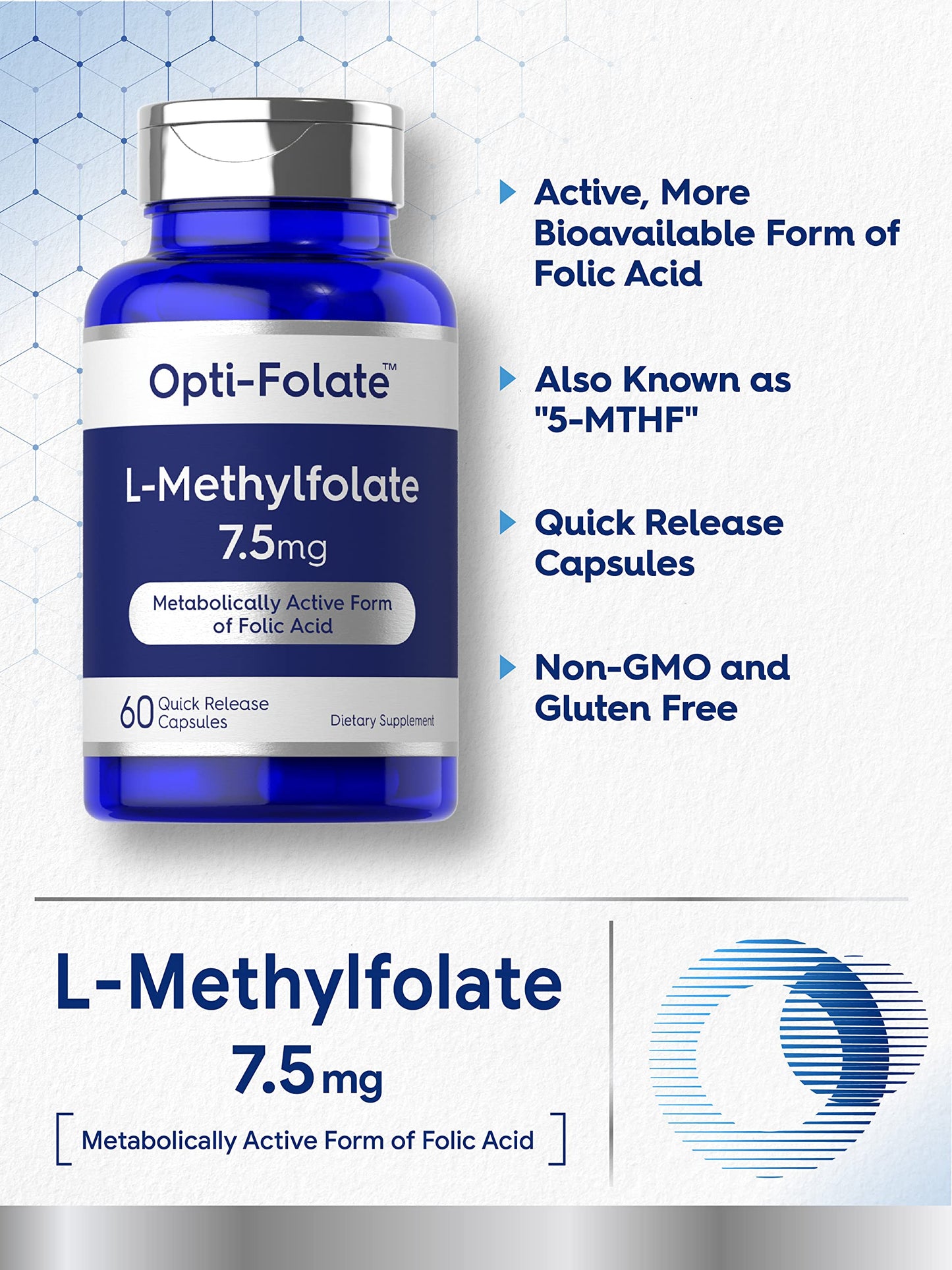 Carlyle L-Methylfolate 7.5 mg | 60 Capsules | Optimized & Activated | Non-GMO, Gluten Free | 5-MTHF Methyl Folate | Opti-Folate (Pack of 2)