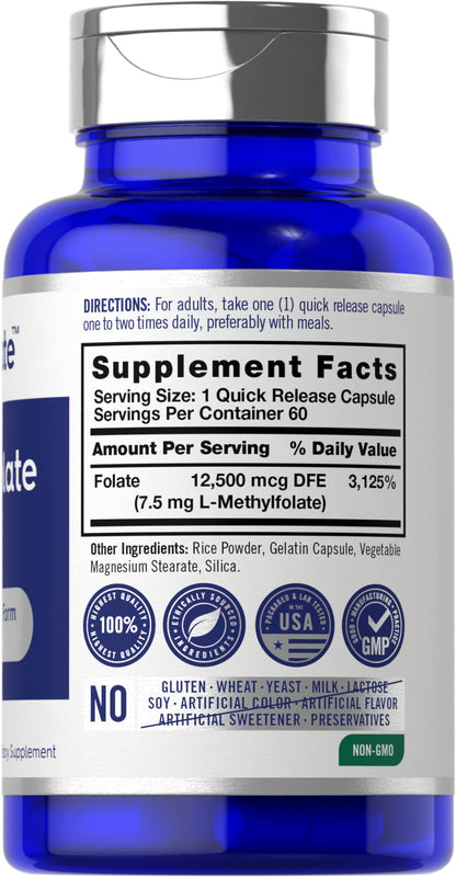 Carlyle L-Methylfolate 7.5 mg | 60 Capsules | Optimized & Activated | Non-GMO, Gluten Free | 5-MTHF Methyl Folate | Opti-Folate (Pack of 2)