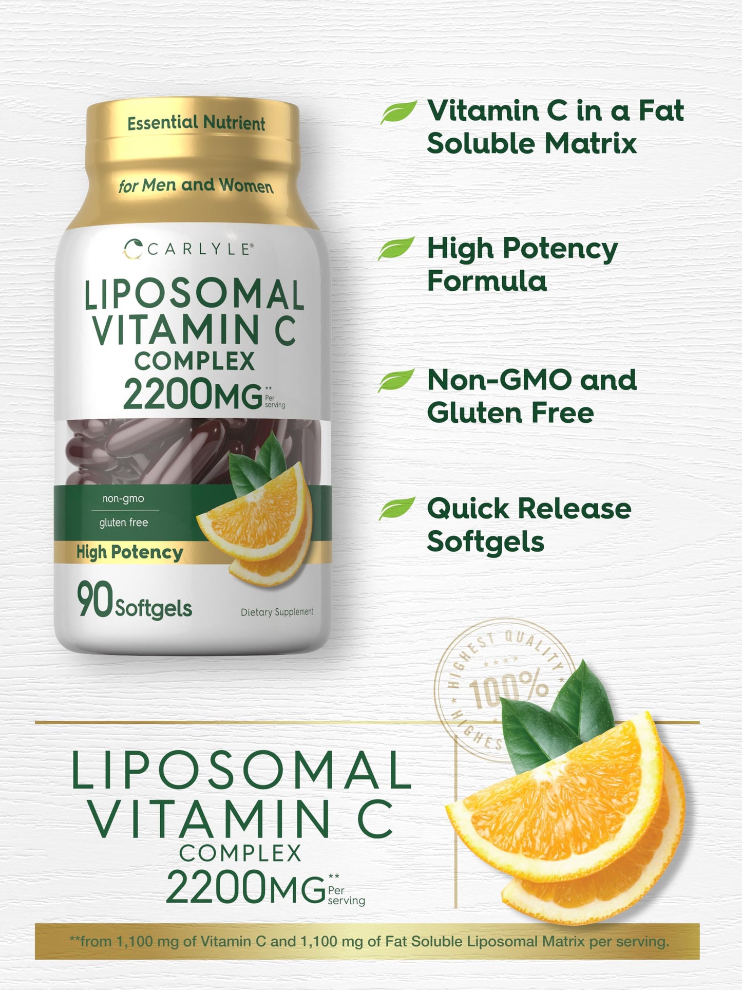 Carlyle Liposomal Vitamin C 2200mg - 90 Softgels | High Potency, Non-GMO & Gluten Free | Pack of 2