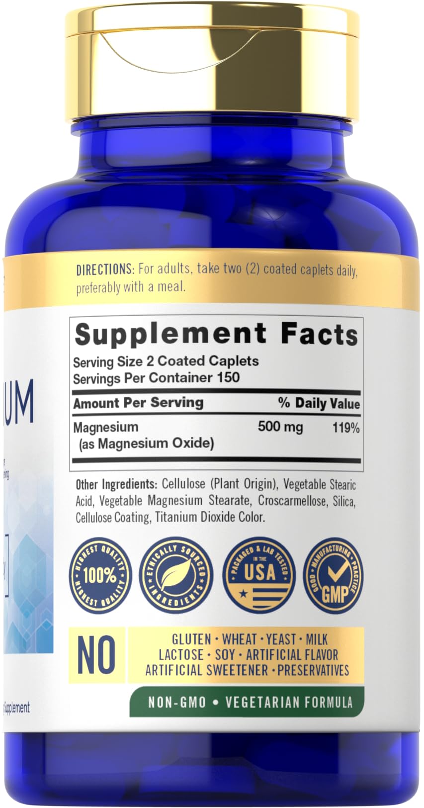 Carlyle Magnesium 500mg | 300 Coated Caplets | Vegetarian, Non-GMO, Gluten Free