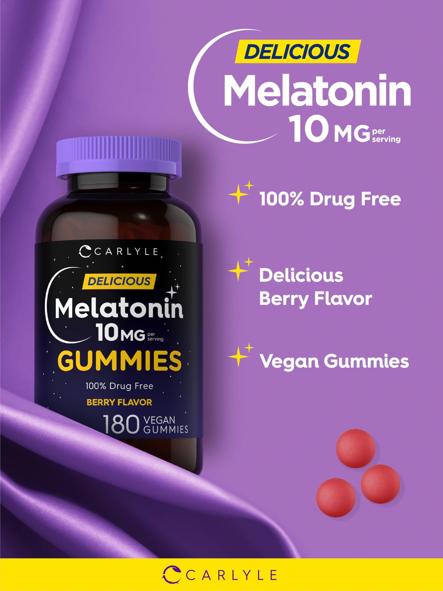 Carlyle Melatonin Gummies 10mg | 180 Count (Pack of 2) – Berry Flavor, Vegan, Non-GMO, Gluten Free