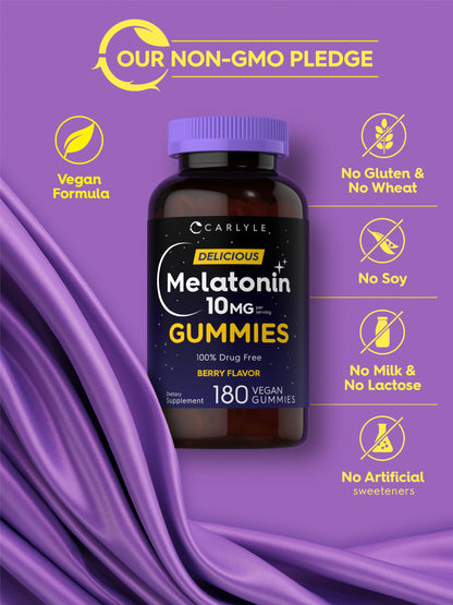 Carlyle Melatonin Gummies 10mg | 180 Count (Pack of 2) – Berry Flavor, Vegan, Non-GMO, Gluten Free