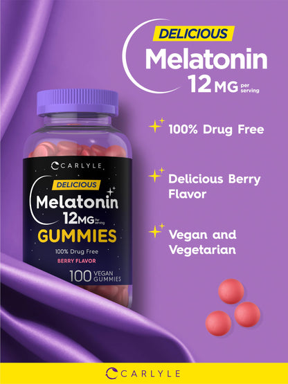 Carlyle Melatonin Gummies 12mg - 100 Count Berry (Pack of 2) | Vegan, Non-GMO, Gluten Free