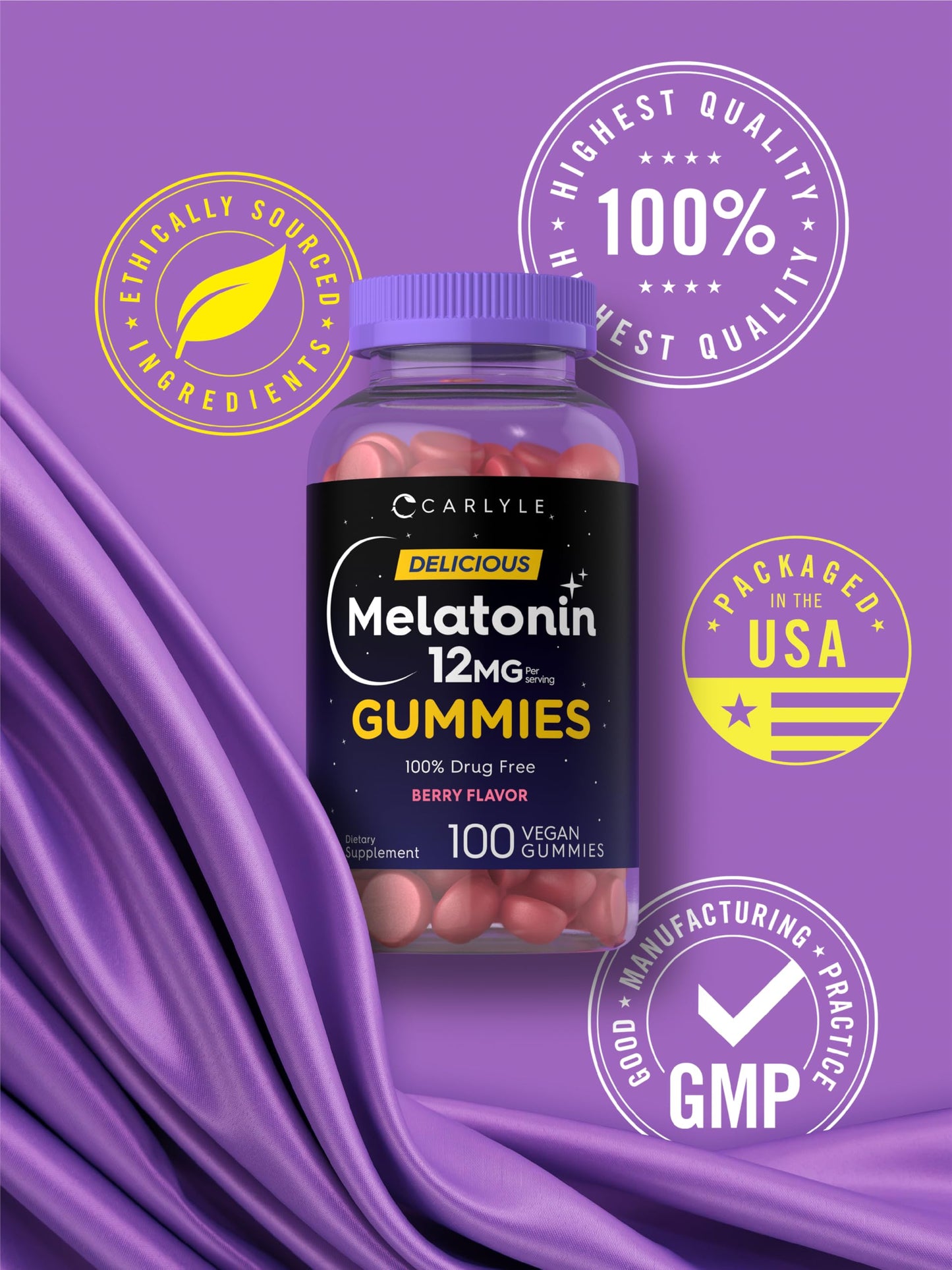 Carlyle Melatonin Gummies 12mg - 100 Count Berry (Pack of 2) | Vegan, Non-GMO, Gluten Free