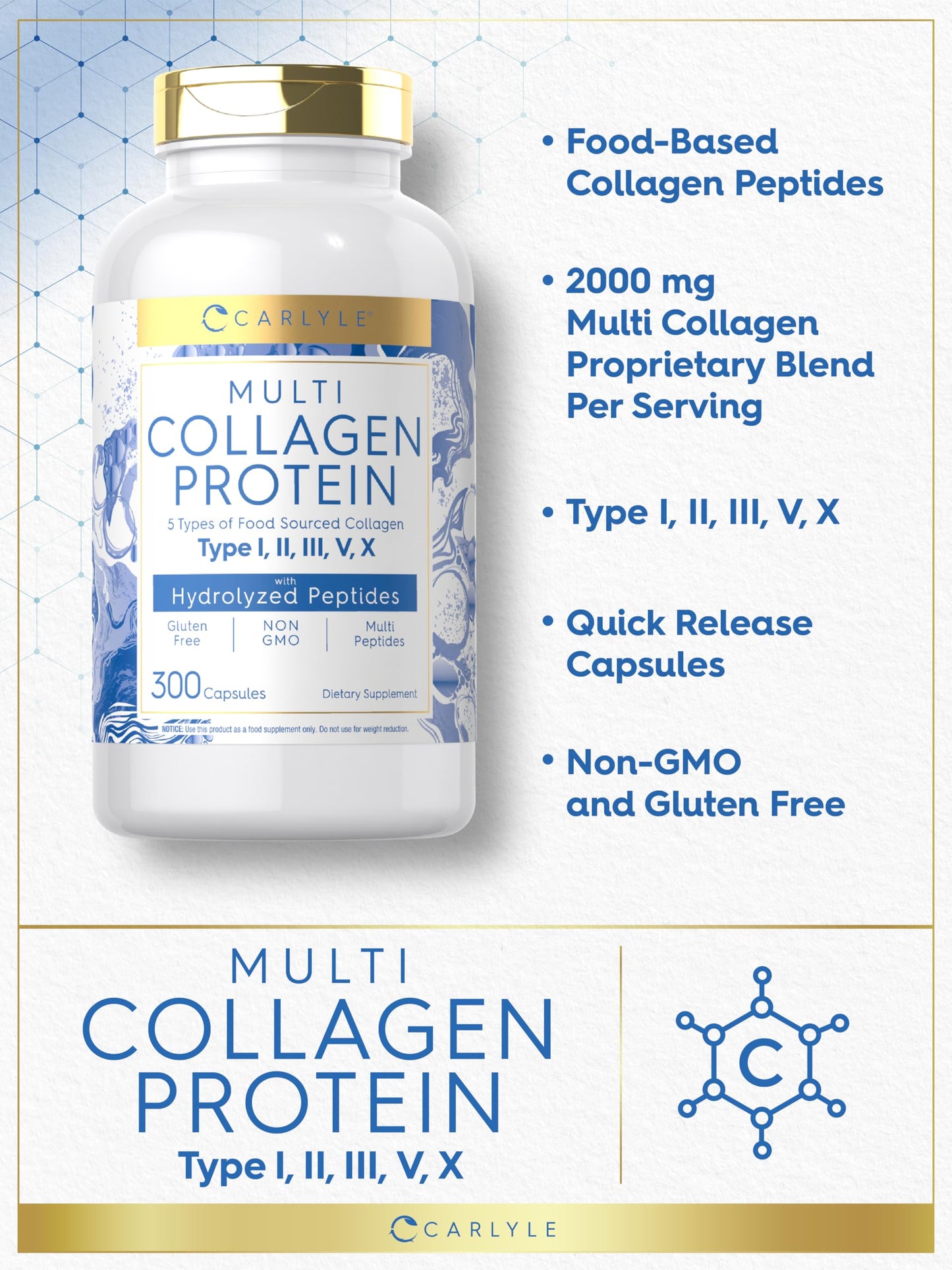 Carlyle Multi Collagen 2000mg Capsules – 300 Count | Keto & Gluten Free