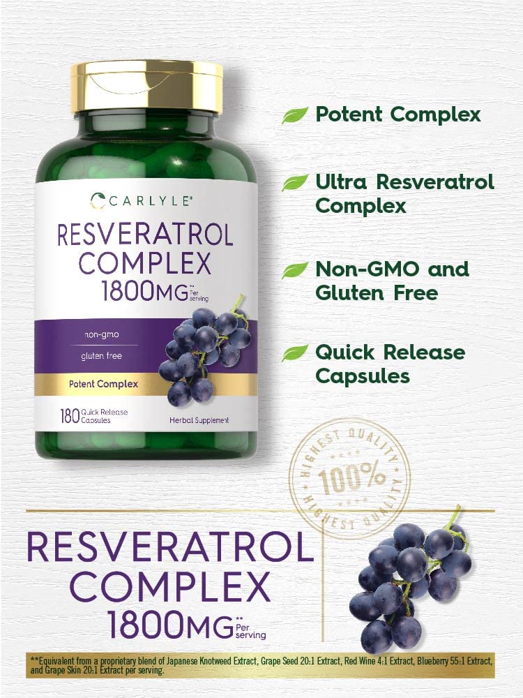 Carlyle Resveratrol 1800mg Supplement – 180 Capsules, Non-GMO & Gluten Free | Pack of 2