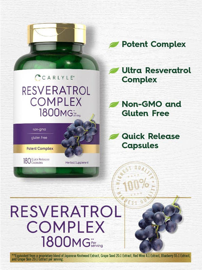 Carlyle Resveratrol 1800mg Supplement – 180 Capsules, Non-GMO & Gluten Free | Pack of 2