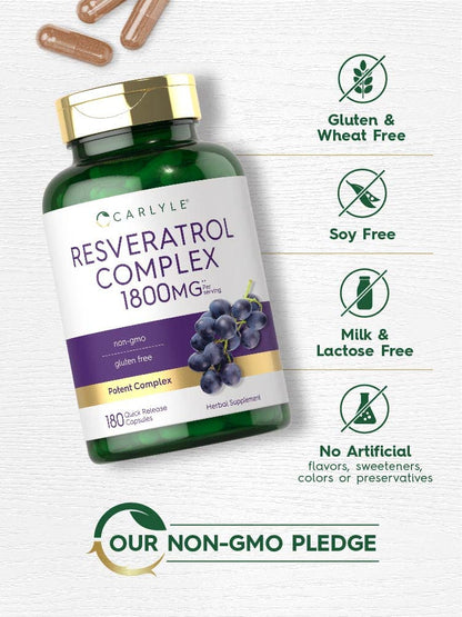 Carlyle Resveratrol 1800mg Supplement – 180 Capsules, Non-GMO & Gluten Free | Pack of 2