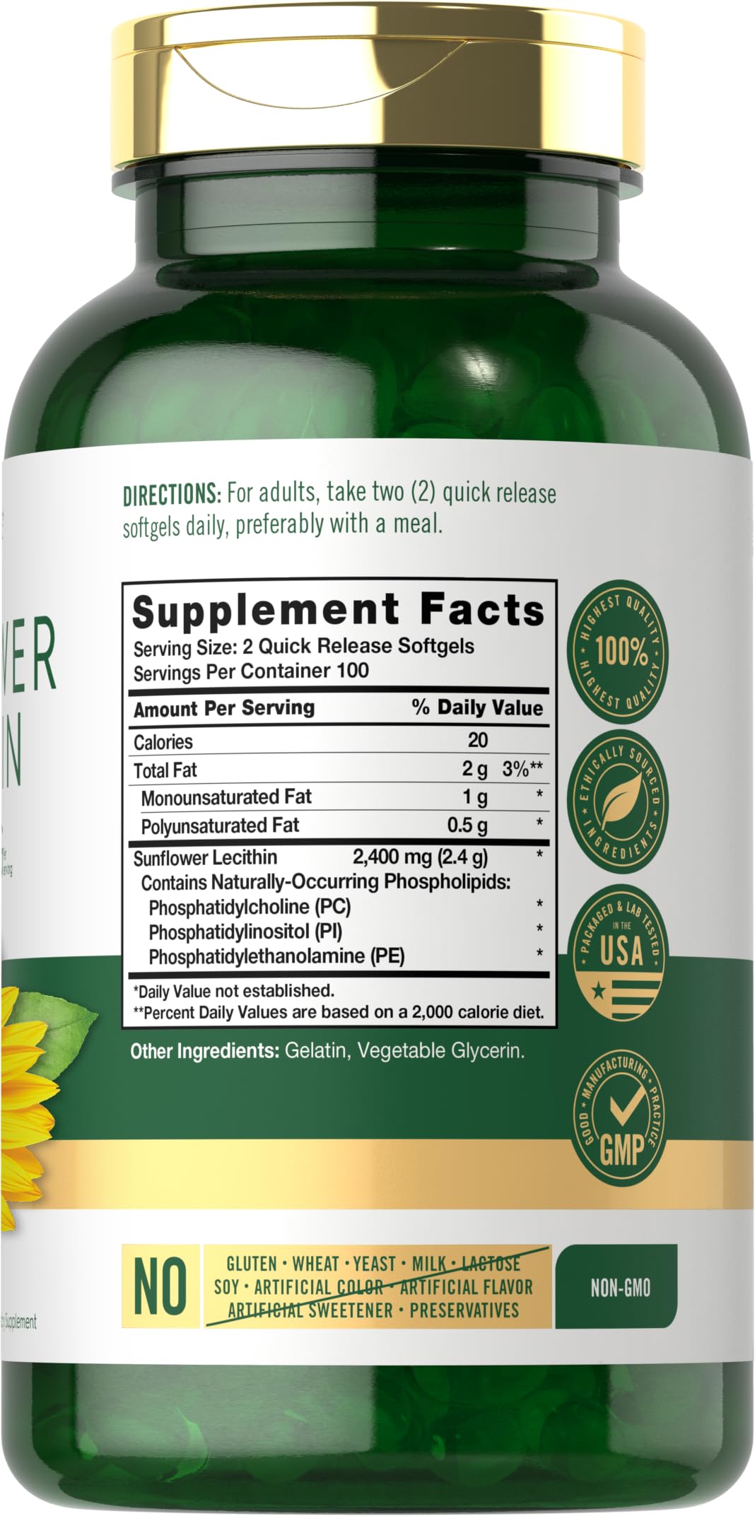 Carlyle Sunflower Lecithin Softgel Capsules 2400mg | 200 Count | Non-GMO, Soy Free, Gluten Free