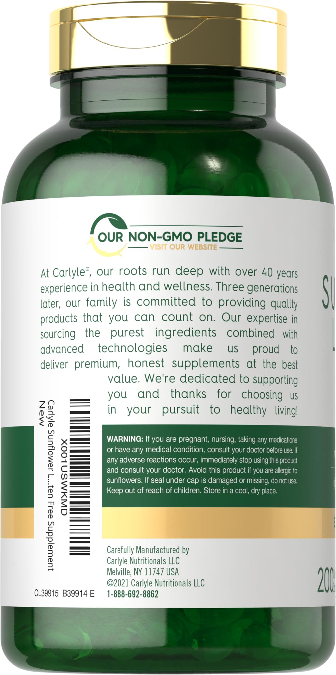 Carlyle Sunflower Lecithin Softgel Capsules 2400mg | 200 Count | Non-GMO, Soy Free, Gluten Free