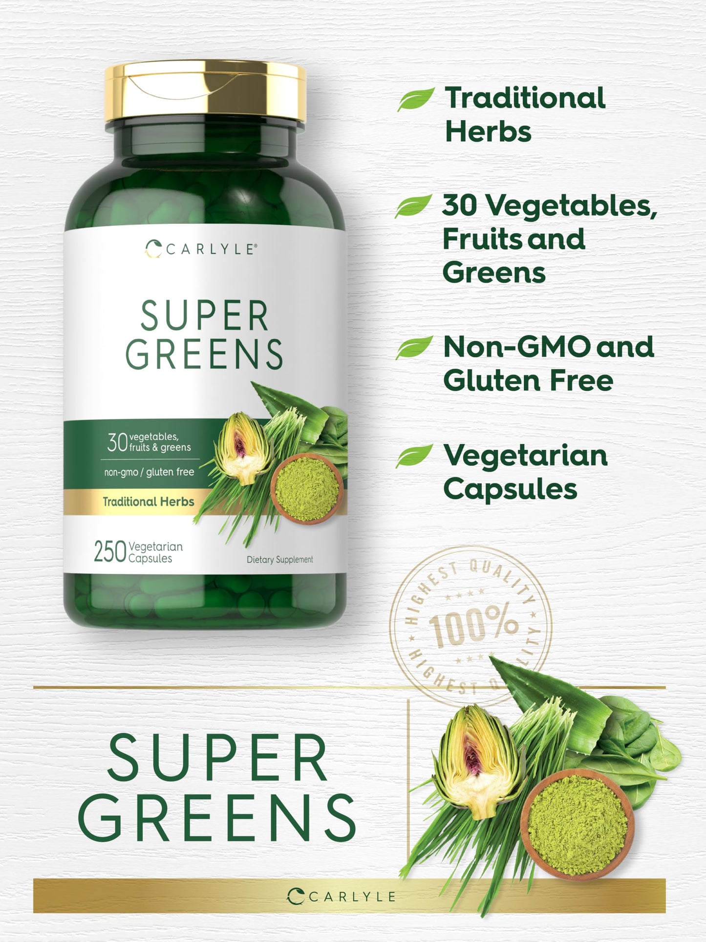 Carlyle Super Greens Capsules – 250 Count, Non-GMO & Gluten Free
