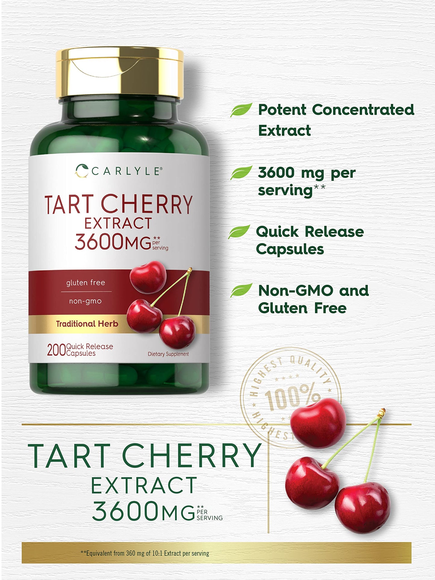 Carlyle Tart Cherry Extract Capsules | 200 Count | Non-GMO and Gluten Free Formula | Traditional Herb Supplement