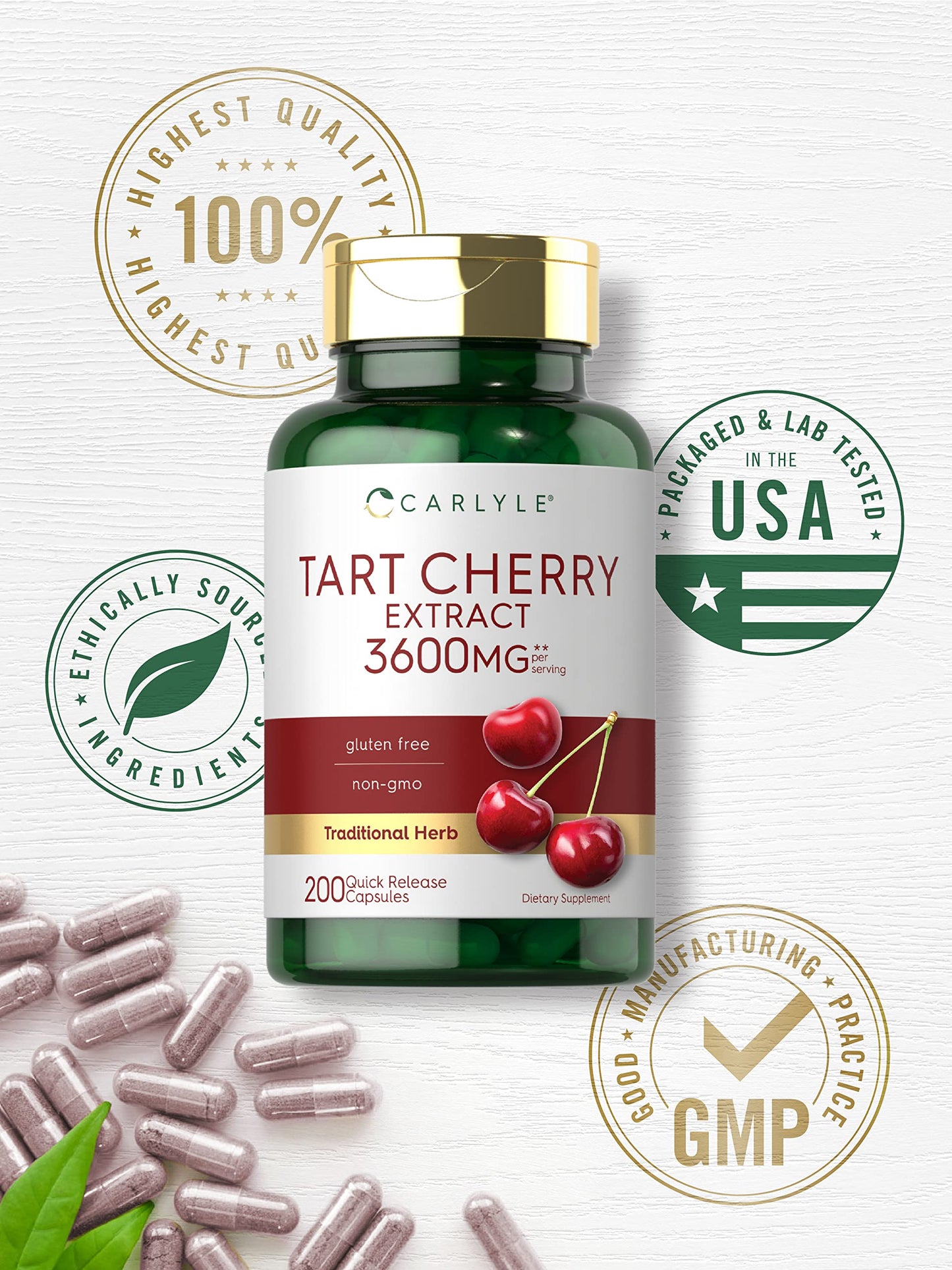 Carlyle Tart Cherry Extract Capsules – 200 Count, Non-GMO & Gluten Free (Pack of 2)