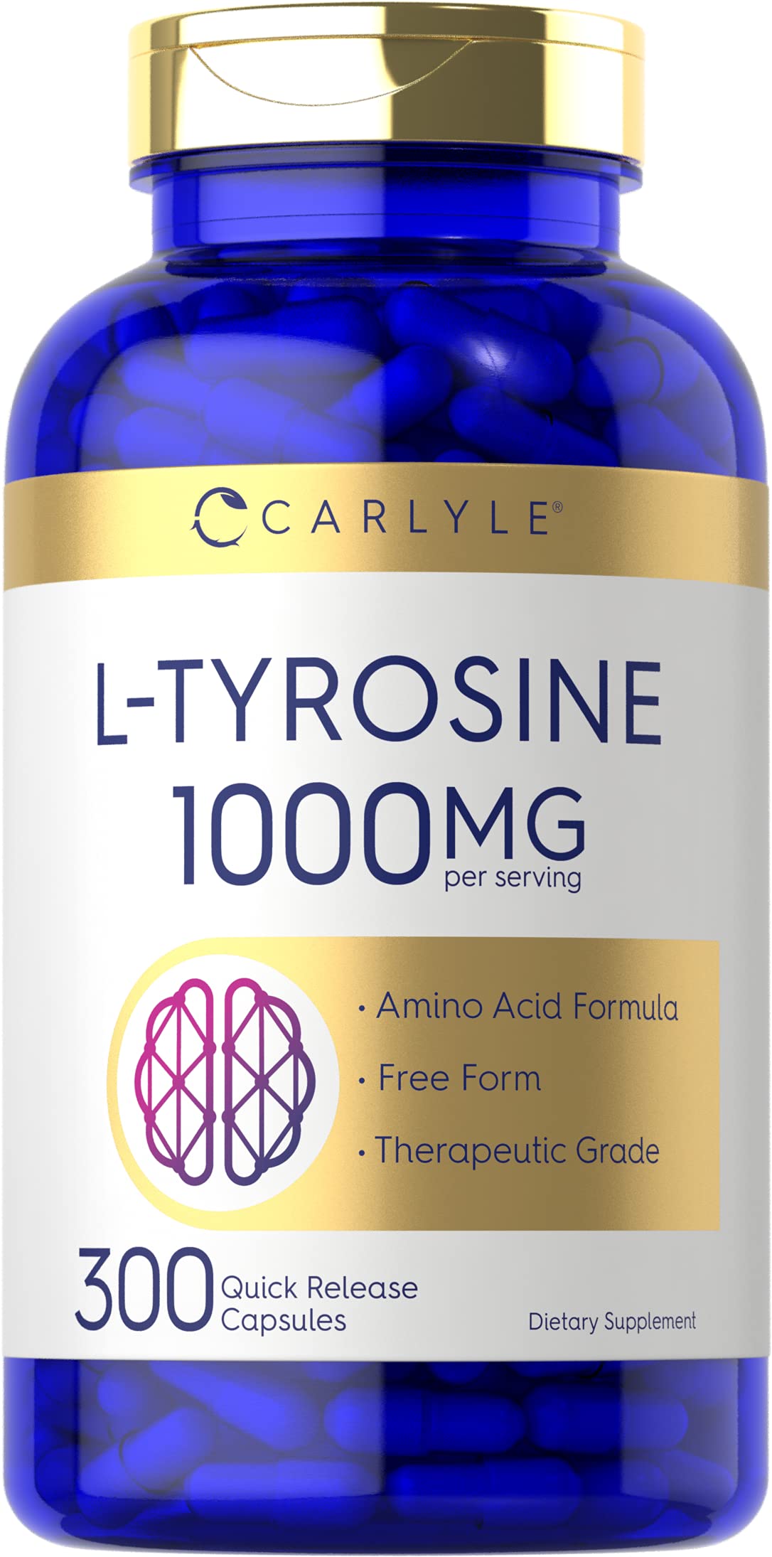 Carlyle Tyrosine Capsules 1000mg – 300 Ct | Therapeutic Grade | Gluten Free, Non-GMO