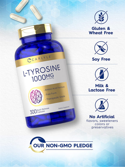 Carlyle Tyrosine Capsules 1000mg – 300 Ct | Therapeutic Grade | Gluten Free, Non-GMO