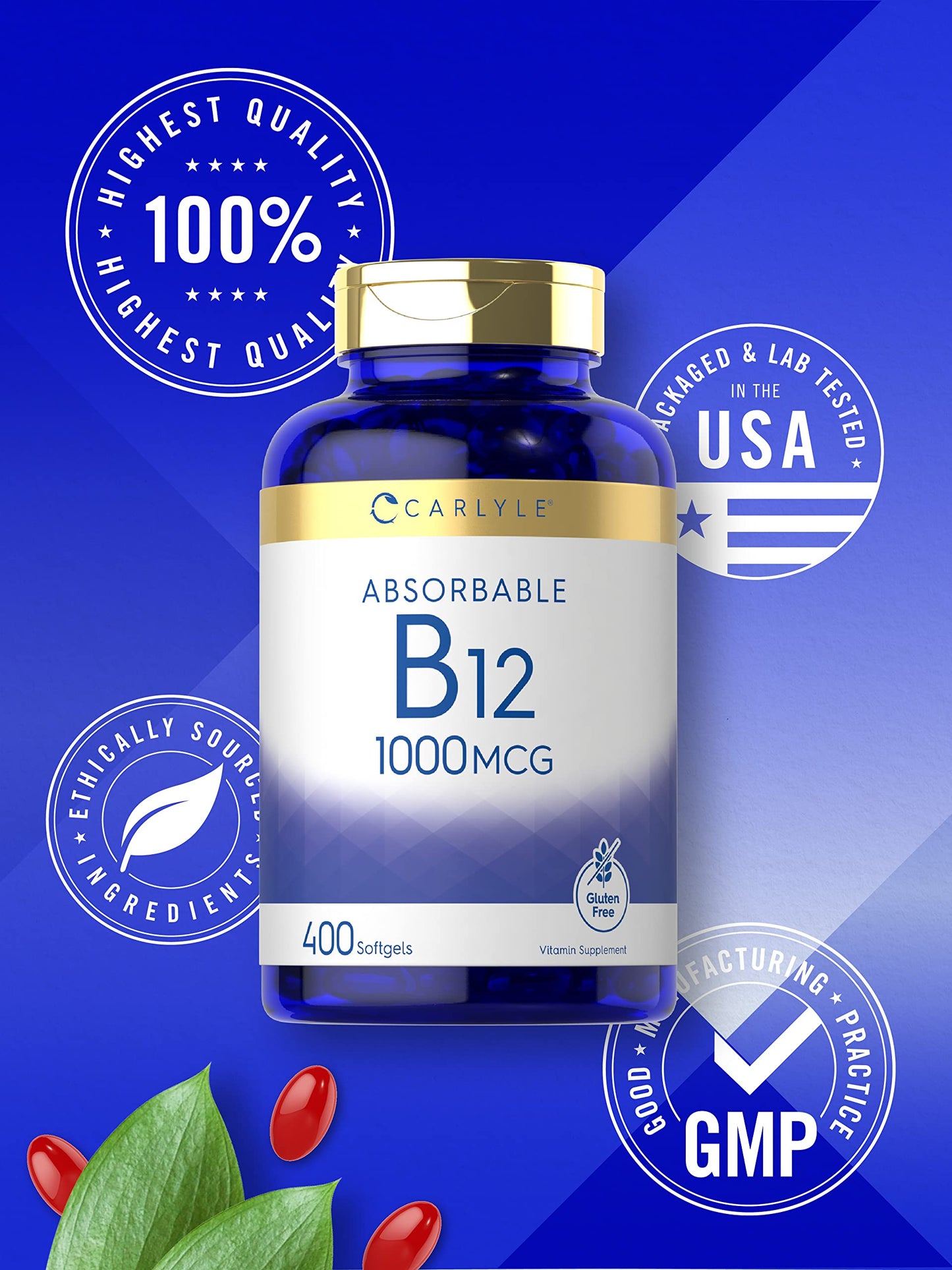 Carlyle Vitamin B12 1000 mcg Absorbable | 400 Softgels | Non-GMO, Gluten Free
