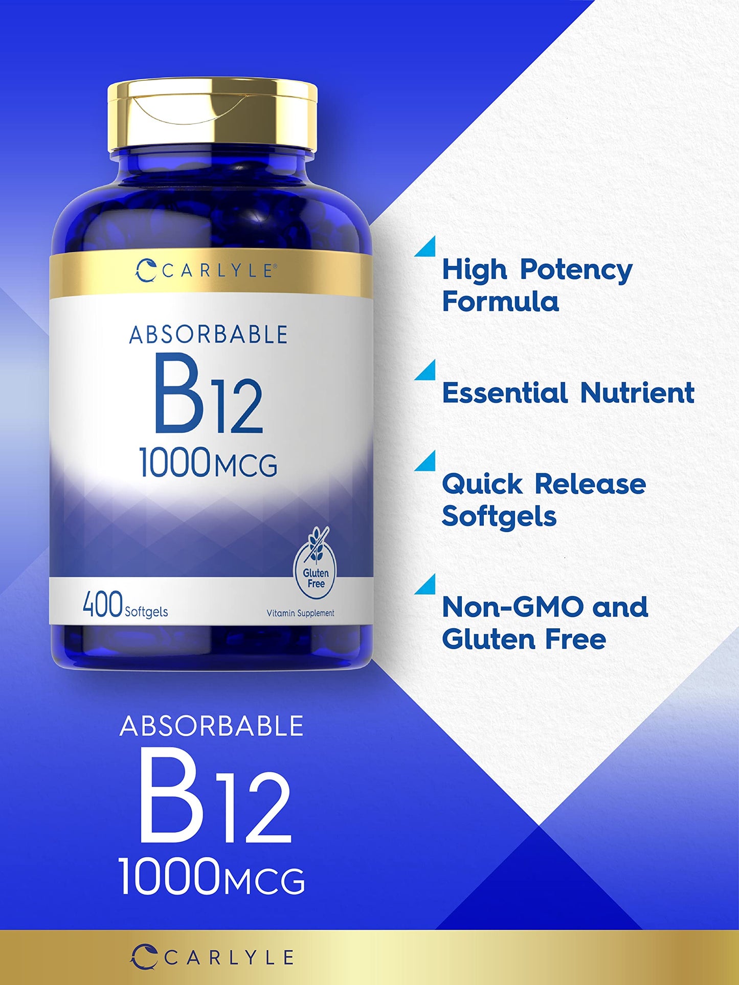 Carlyle Vitamin B12 1000 mcg Absorbable | 400 Softgels | Non-GMO, Gluten Free
