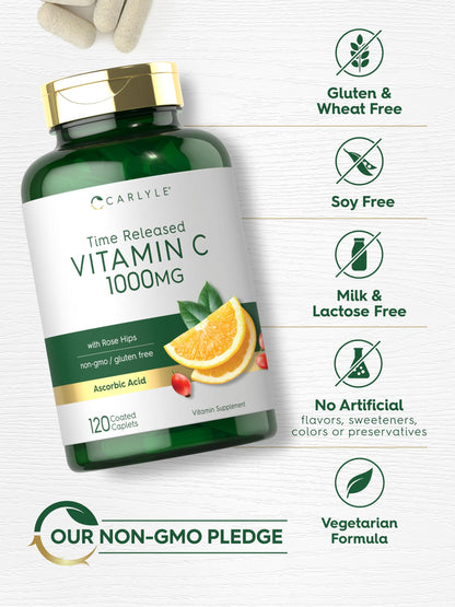 Carlyle Vitamin C 1000mg | Timed Release | 120 Vegetarian Caplets | Rose Hips | Non-GMO & Gluten Free