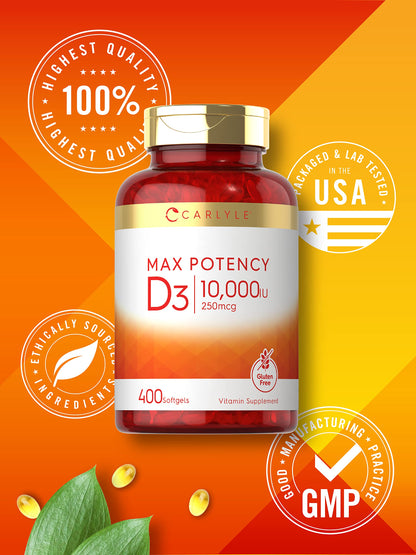 Carlyle Vitamin D 10,000 IU | 400 Softgels | Value Size | Max Potency | Non-GMO, Gluten Free