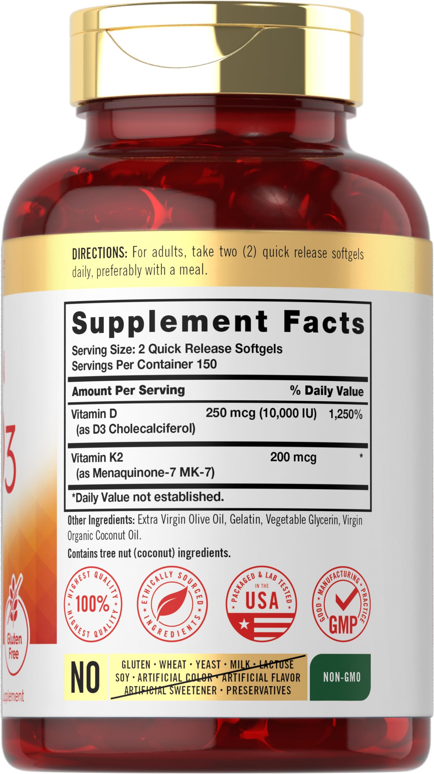 Vitamin K2 + D3 Supplement for Bone Health - Carlyle 300 Softgels | 200 mcg K2 MK-7 & 10,000 IU D3 | Non-GMO, Gluten Free (Pack of 2)