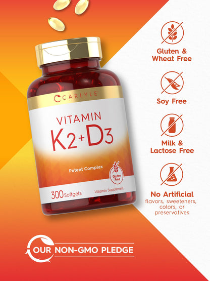 Vitamin K2 + D3 Supplement for Bone Health - Carlyle 300 Softgels | 200 mcg K2 MK-7 & 10,000 IU D3 | Non-GMO, Gluten Free (Pack of 2)