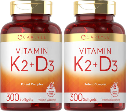 Vitamin K2 + D3 Supplement for Bone Health - Carlyle 300 Softgels | 200 mcg K2 MK-7 & 10,000 IU D3 | Non-GMO, Gluten Free (Pack of 2)