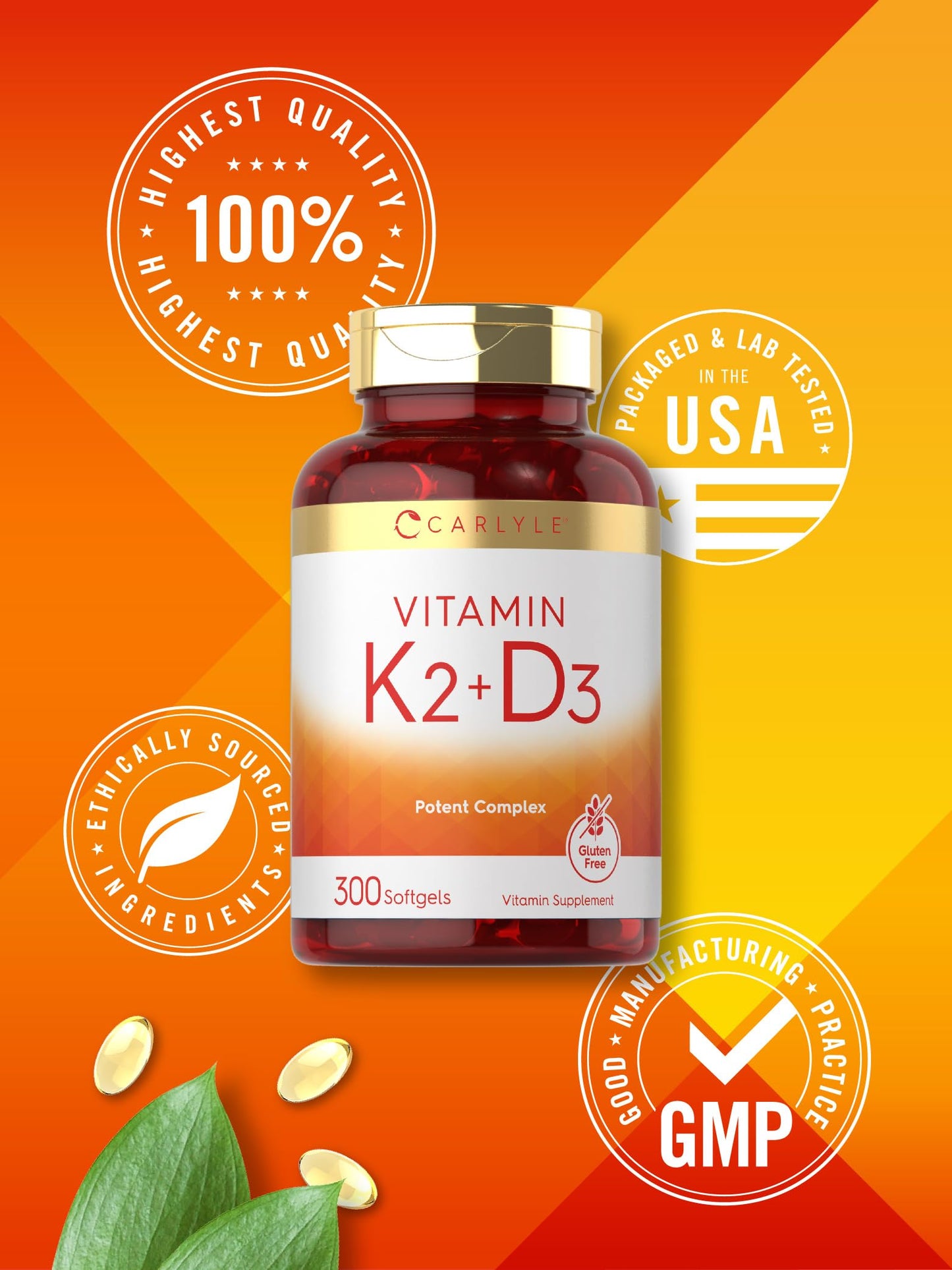 Vitamin K2 + D3 Supplement for Bone Health - Carlyle 300 Softgels | 200 mcg K2 MK-7 & 10,000 IU D3 | Non-GMO, Gluten Free (Pack of 2)
