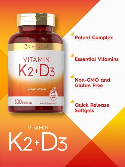 Vitamin K2 + D3 Supplement for Bone Health - Carlyle 300 Softgels | 200 mcg K2 MK-7 & 10,000 IU D3 | Non-GMO, Gluten Free (Pack of 2)