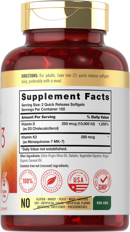 Carlyle Vitamin K2 D3 Supplement – 300 Softgels | 200 mcg K2 MK-7, 10,000 IU D3 | Non-GMO, Gluten Free