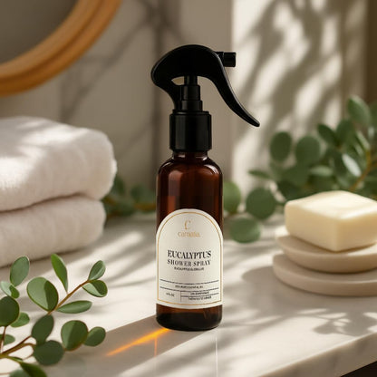 Carnatia Eucalyptus Shower Spray – Aromatherapy Essential Oil Mist for Showers | Spa-Like Refreshing Steam Experience | 4 fl oz Trigger Pump Spray for Clarity & Calm