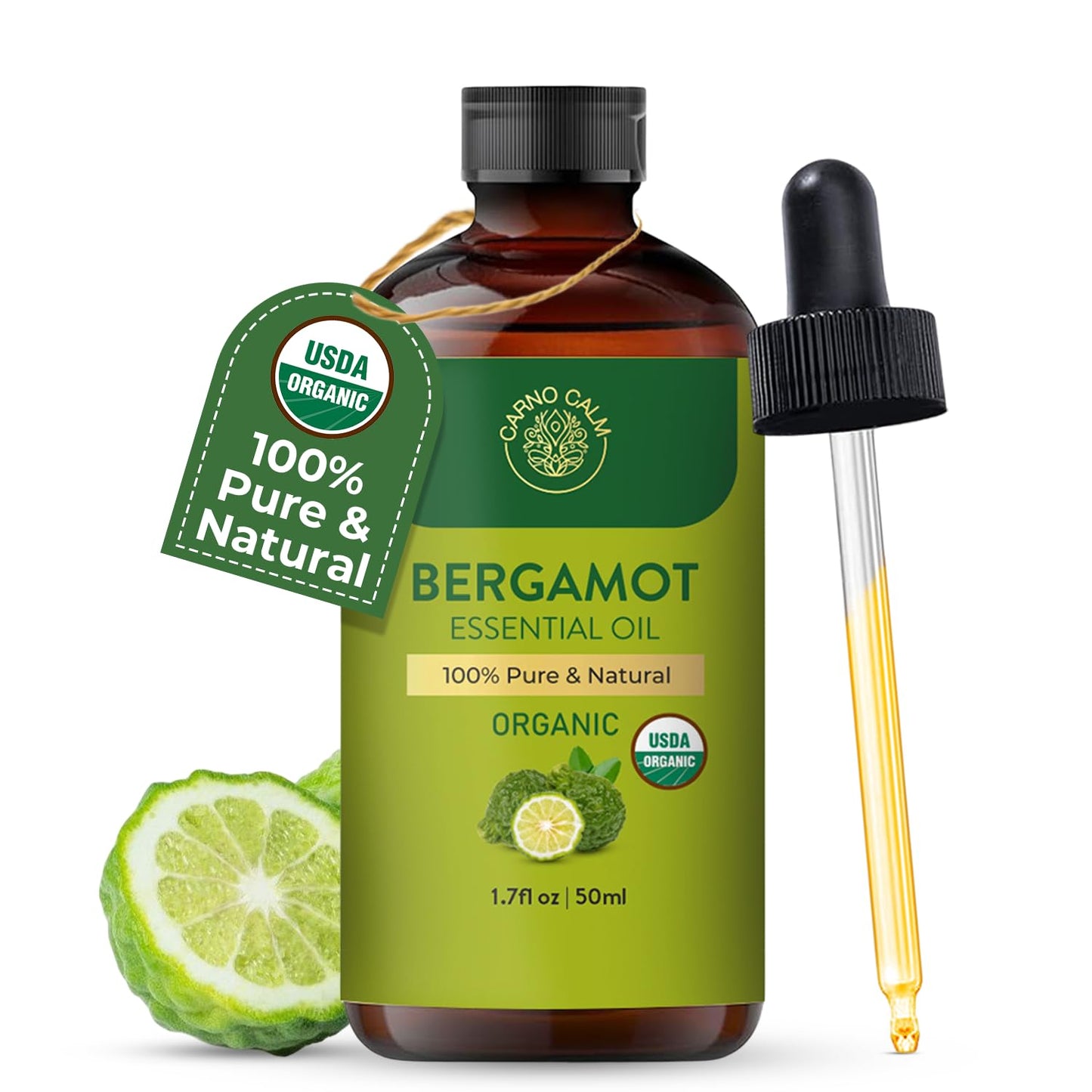 Carno Calm Bergamot Essential Oil | USDA Certified Organic | Bergamot Oil for Skin, Hair, Aromatherapy, Soap & Candle Making | 1.7 fl. oz